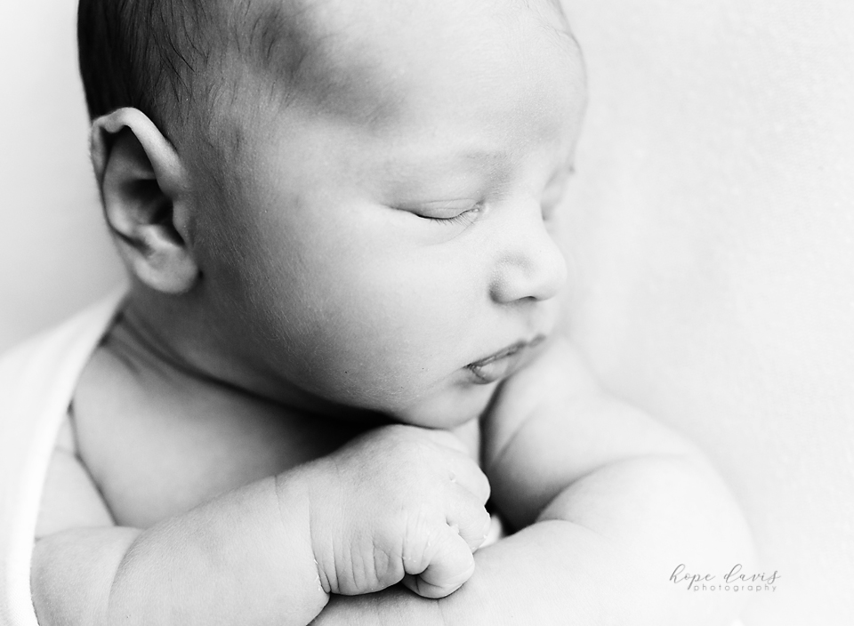 Central Mississippi newborn photographer close up of baby boy black and white