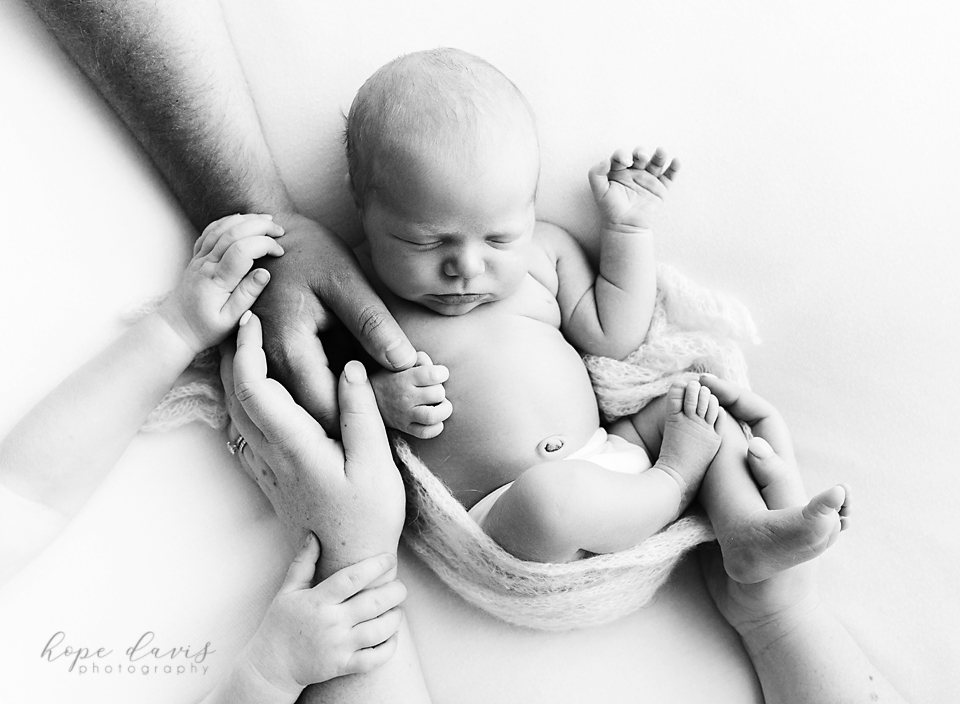 hope davis photography meridian ms newborn on blanket with family hands black and white